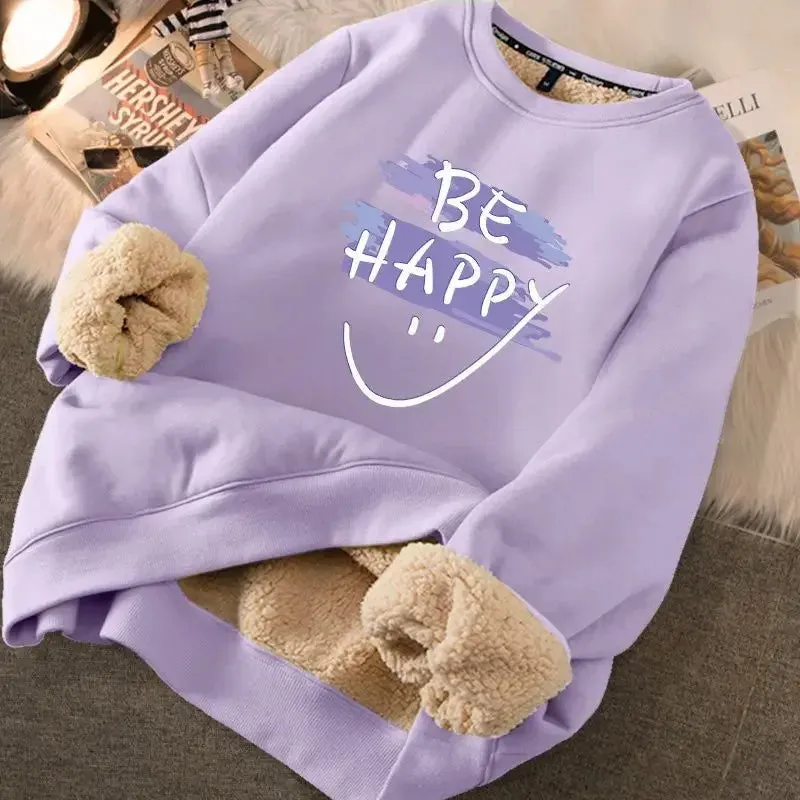 Autumn Winter Women Casual Loose Sweatshirts Lambswool Thicken Thermal Sweatshirts Women Printed Cute Fleece Warm Hoodies 2023