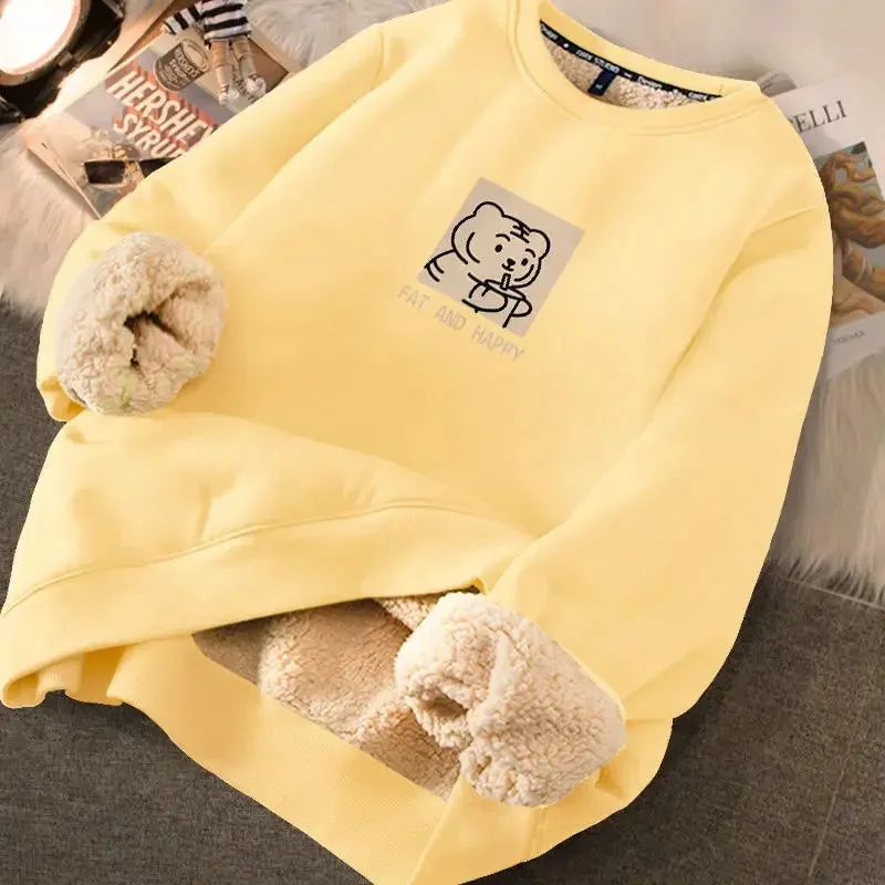 Autumn Winter Women Casual Loose Sweatshirts Lambswool Thicken Thermal Sweatshirts Women Printed Cute Fleece Warm Hoodies 2023