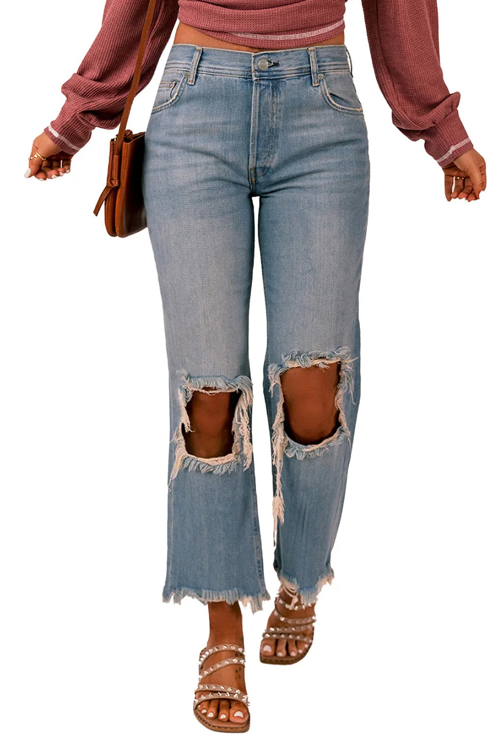 Distressed Knee Holes Straight Leg Jeans