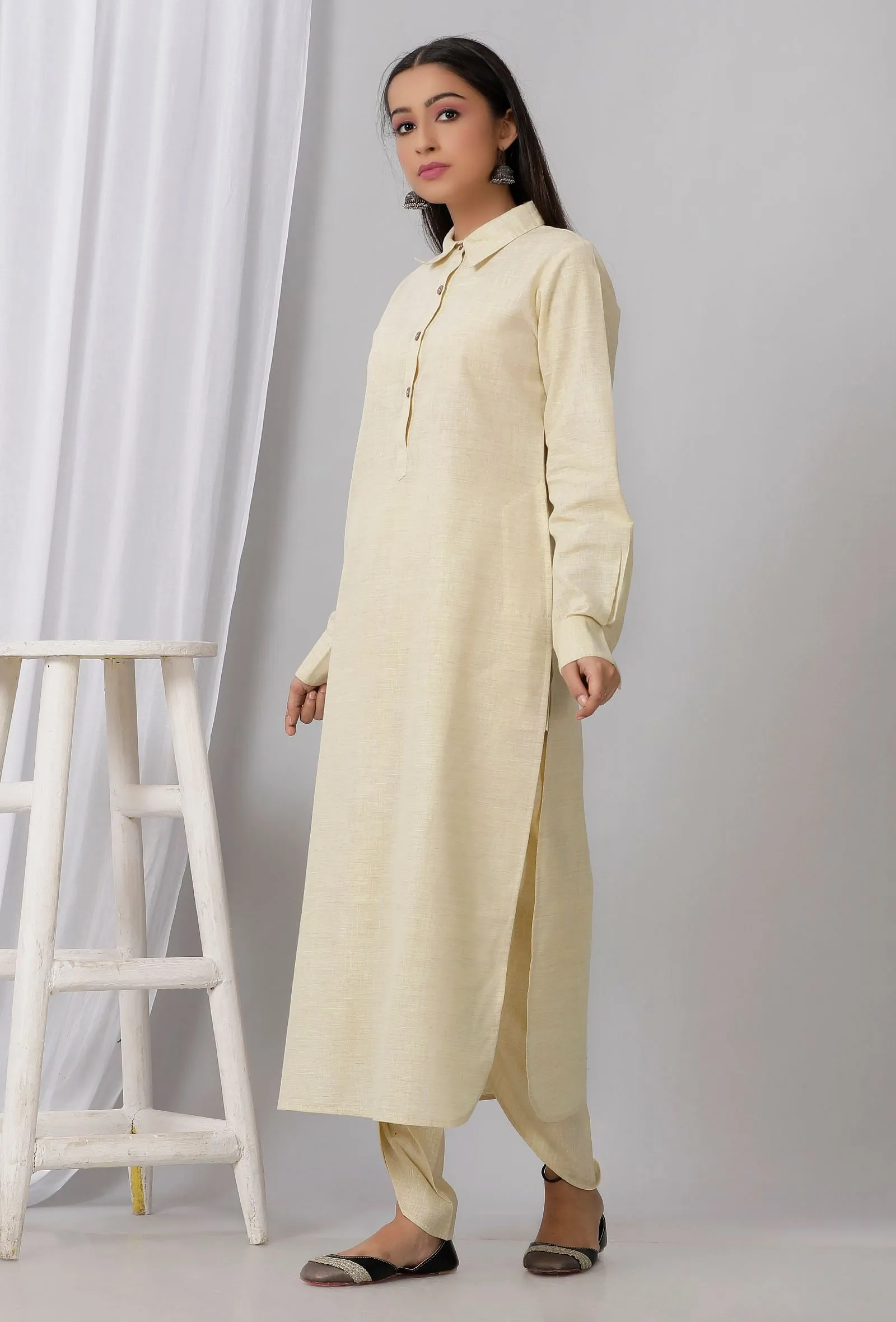 Lemon Yellow Cotton Khadi Kurta