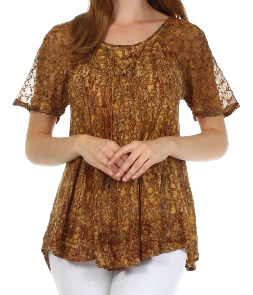 Sakkas Malvina Marbled Embroidery Cap Sleeves Blouse / Top