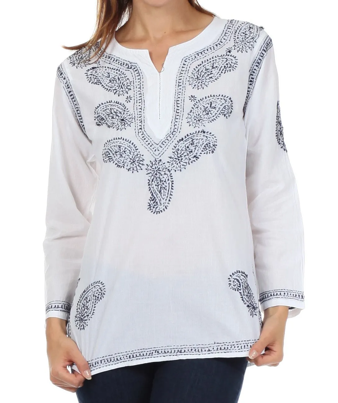 Sakkas Paisley Embroidered Cotton Long Sleeve Blouse