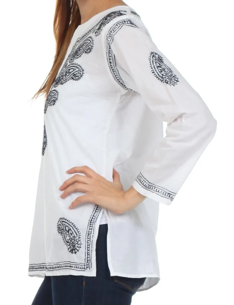 Sakkas Paisley Embroidered Cotton Long Sleeve Blouse