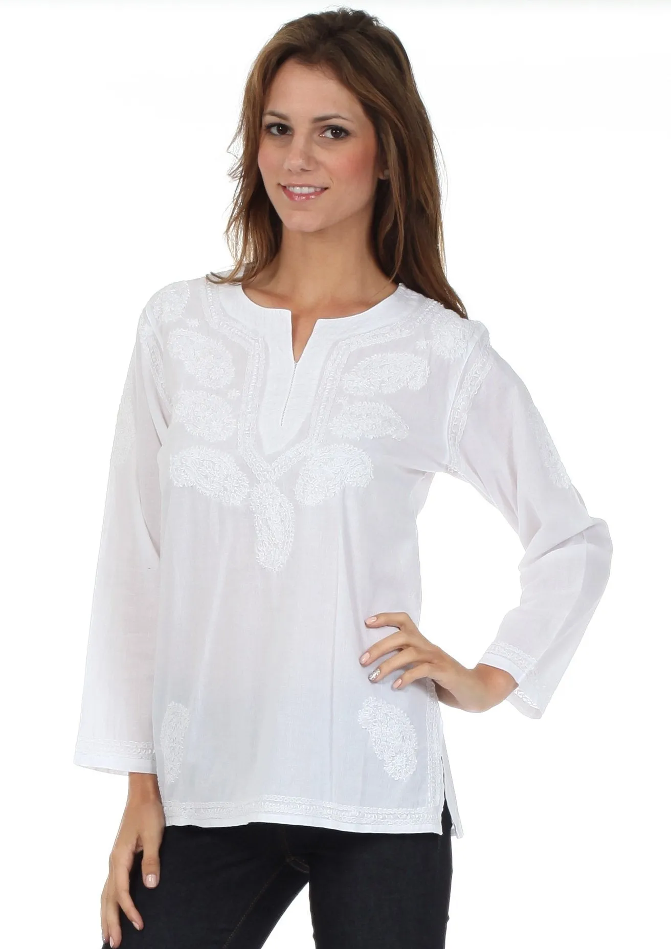 Sakkas Paisley Embroidered Cotton Long Sleeve Blouse