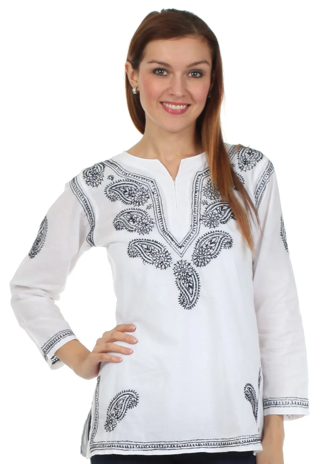 Sakkas Paisley Embroidered Cotton Long Sleeve Blouse