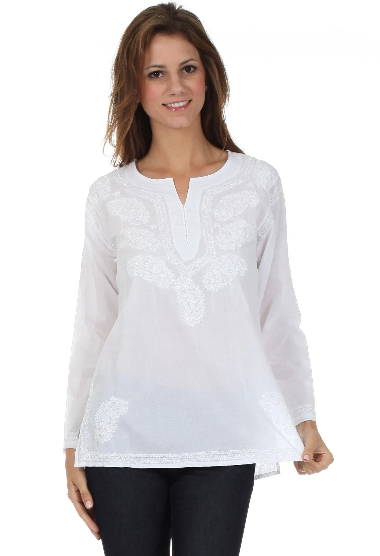 Sakkas Paisley Embroidered Cotton Long Sleeve Blouse