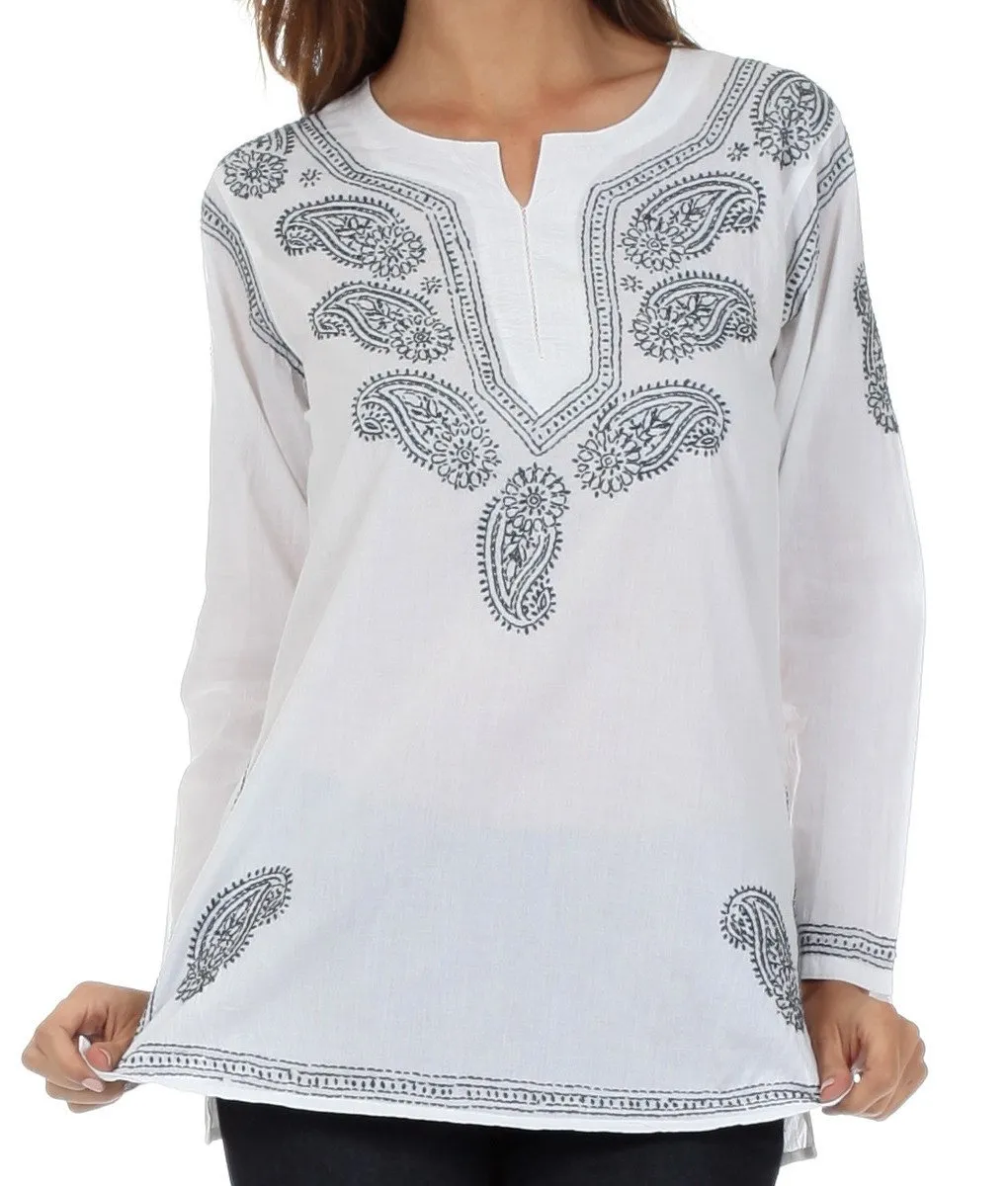 Sakkas Paisley Embroidered Cotton Long Sleeve Blouse