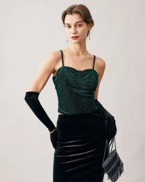 The Green Sweetheart Neck Velvet Crop Cami Top