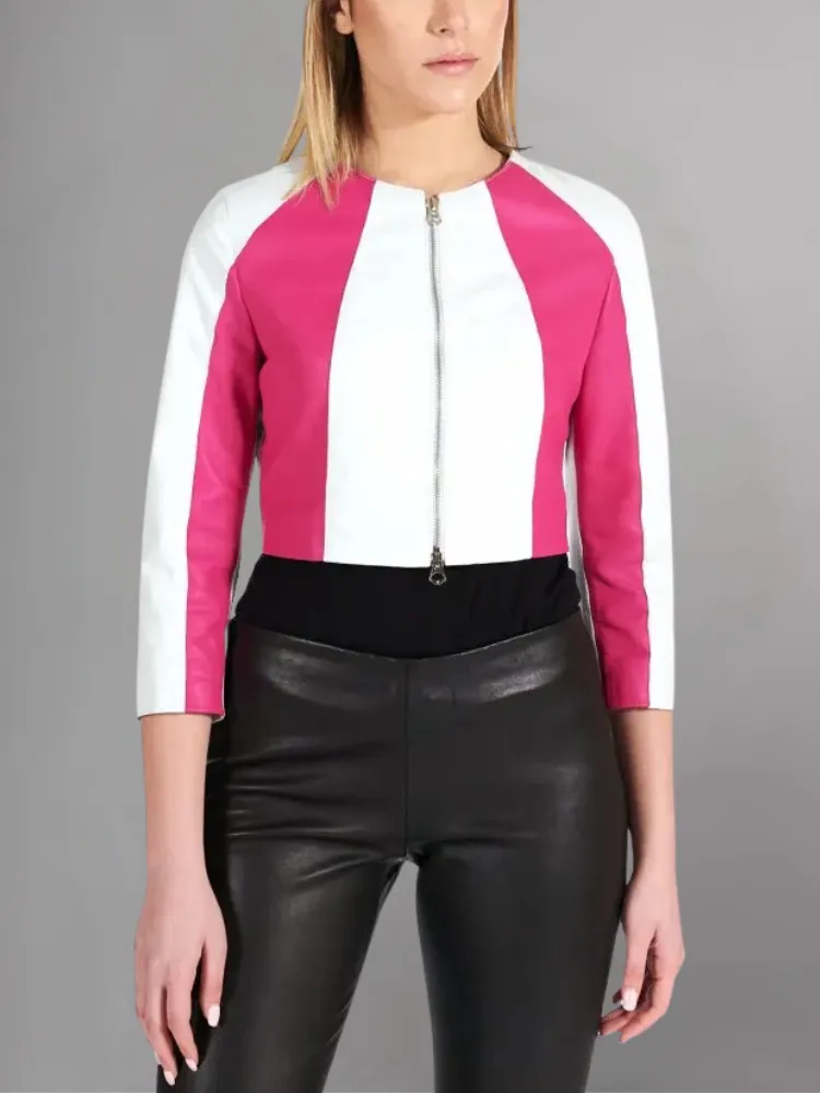 White fuchsia natural leather cropped jacket zipper closure