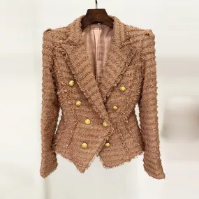 Winter Star Tassel Fringe Tweed Slim Blazer Pink Brown With Shorts